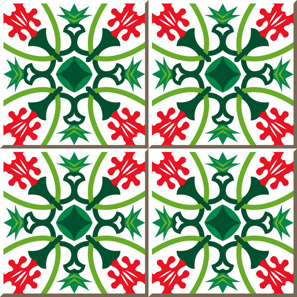 Telhas de parede sem costura vintage de cálice verde flor vermelha. Marroquino, Português
. - Vetor, Imagem
