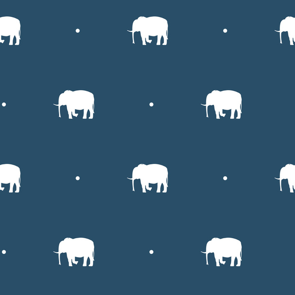 Seamless pattern with silhouettes of elephants and polka dots on a Navy blue background - Vector, Imagen