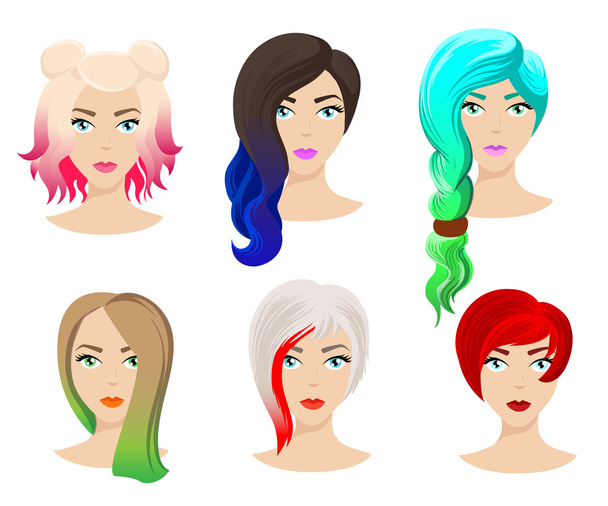 異なる色の色合いと髪のタイプ。カーリー波状短い媒体に別の女の子の髪型のセットです。新しい髪型の新しいスタイルの美容師 - ベクター画像