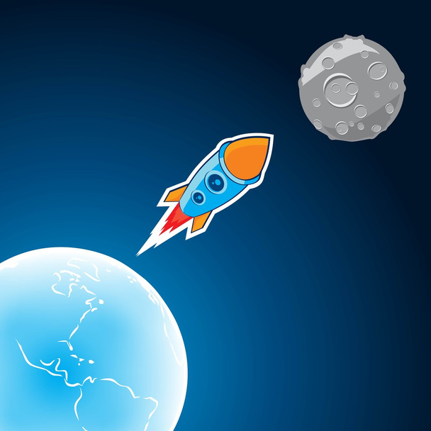 Vector rocket that flies from earth to the moon. Flat style - Wektor, obraz