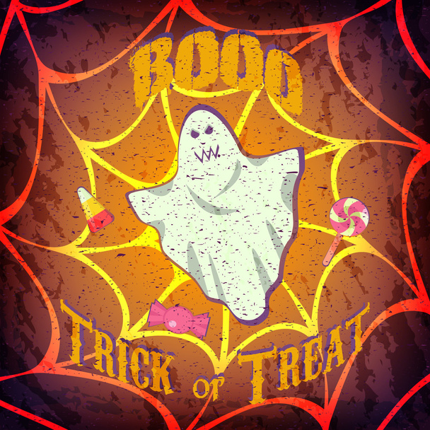Grunge Halloween card or poster with ghost and candys. - Vector, imagen