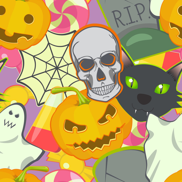 Cartoon vector Halloween symbols seamless pattern. Colorful illustration. - Vektör, Görsel