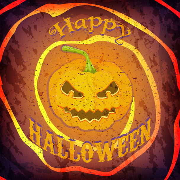 Grunge Happy Halloween card or poster with pumpkin and message. - Вектор, зображення