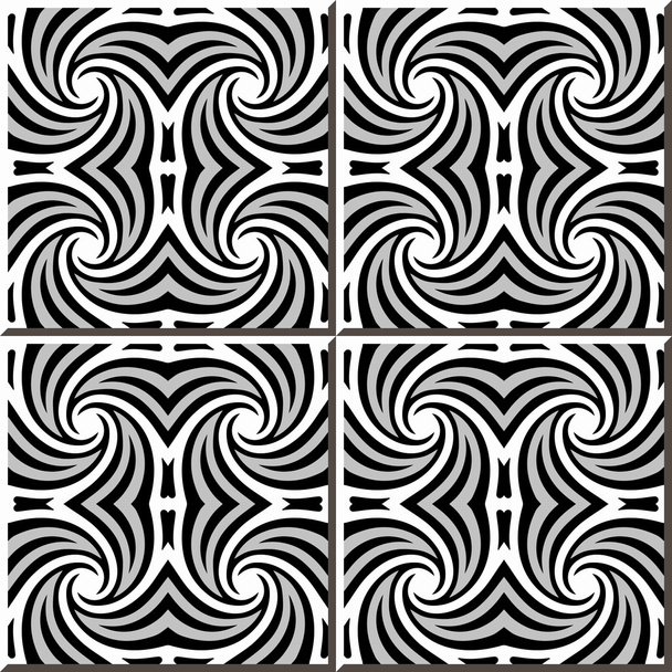 Vintage seamless wall tiles of black white spiral kaleidoscope, Moroccan, Portuguese. - Vector, afbeelding