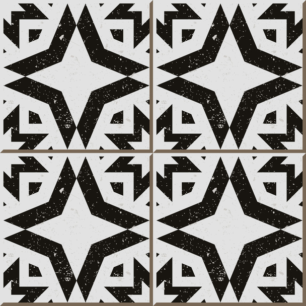 Telhas de parede sem costura vintage de polígono branco preto desgastado, marroquino, português
. - Vetor, Imagem