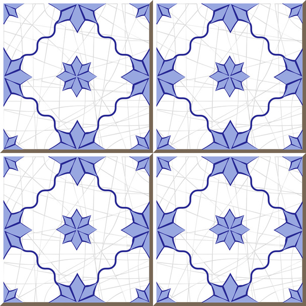 Vintage seamless wall tiles of blue star flower, Moroccan, Portuguese. - Vector, Image