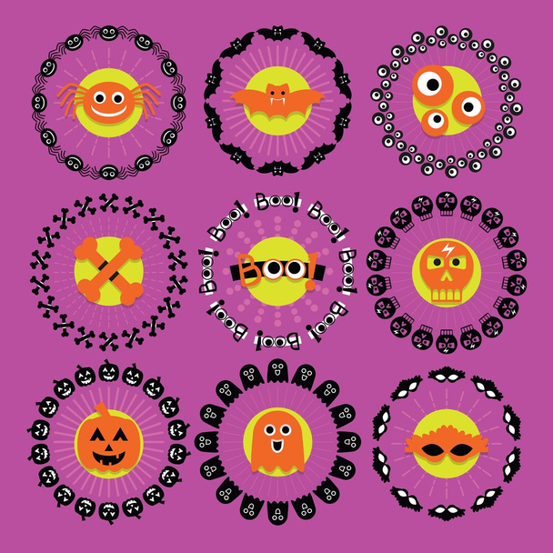 Cute Halloween circle border pattern emblems set on purple background - ベクター画像