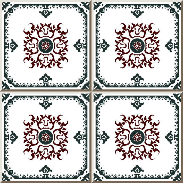 Vintage seamless wall tiles of green round frame red spiral flower, Moroccan, Portuguese. - Wektor, obraz
