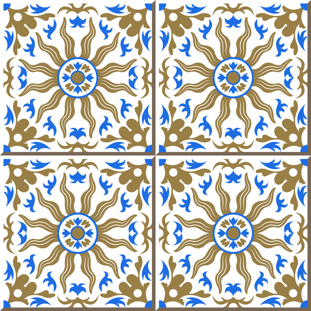 Telhas de parede sem costura vintage de caleidoscópio azul sol dourado, marroquino, Português
. - Vetor, Imagem