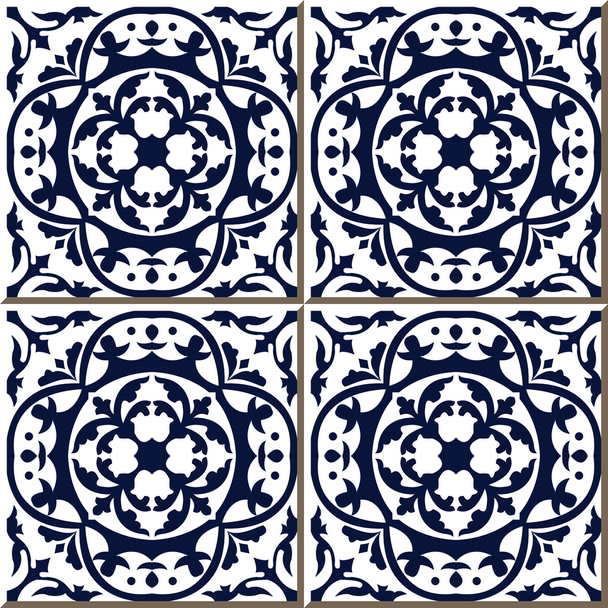 Vintage seamless wall tiles of blue round curve vine, Moroccan, Portuguese. - Vektor, obrázek