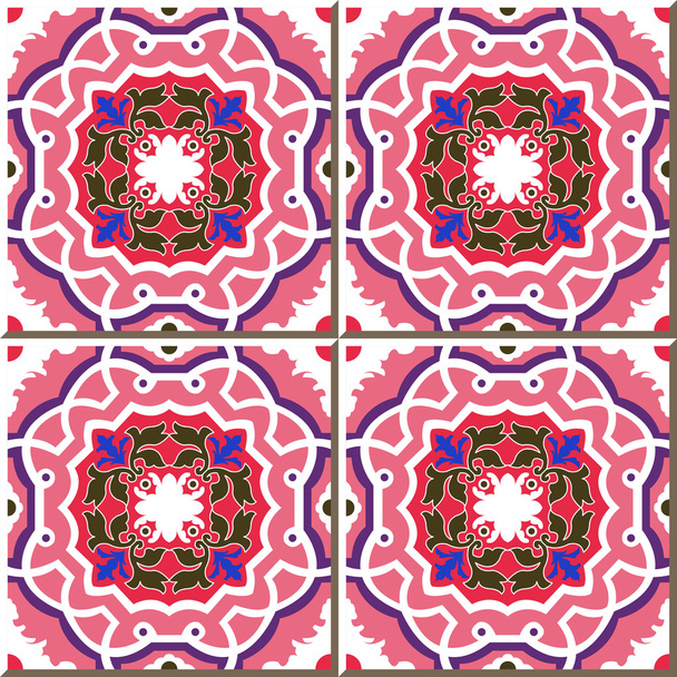 Vintage seamless wall tiles of pink round spiral vine, Moroccan, Portuguese. - Διάνυσμα, εικόνα