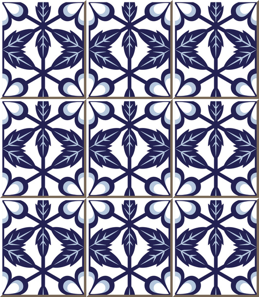 Vintage seamless wall tiles of blue flower leaf cross polygon, Moroccan, Portuguese. - Vektor, kép