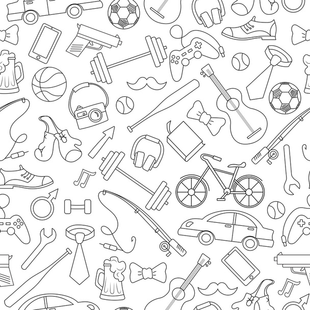 nahtloses Muster zum Thema männlicher Hobbys und Gewohnheiten, einfache handgezeichnete Kontursymbole auf weißem Hintergrund - Vektor, Bild
