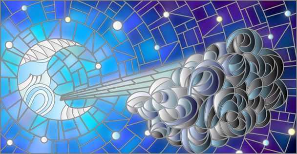 Glasmalerei mit Feenmond, der eine Wolke gegen den Sternenhimmel bläst - Vektor, Bild