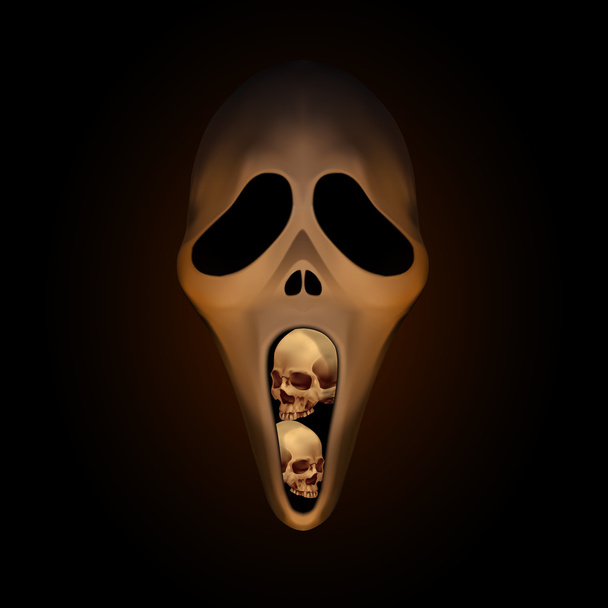 Máscara de Halloween espeluznante con pequeño cráneo humano en la boca
 - Vector, imagen