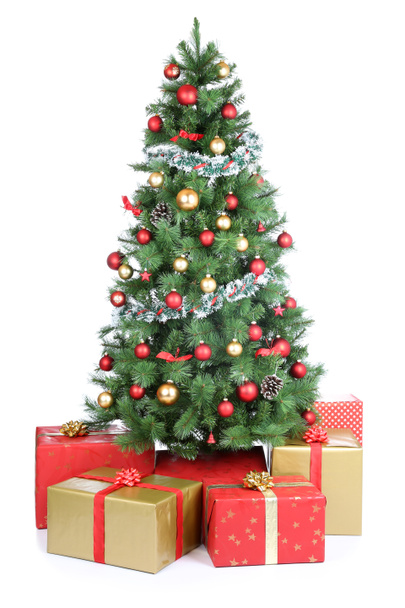 Regali albero di Natale presenti decorazione palle d'oro isolato su
 - Foto, immagini