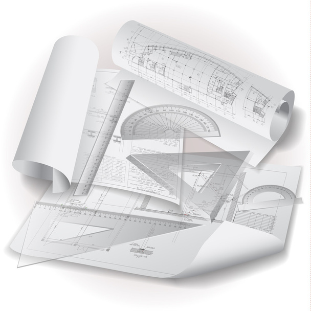 Architectural background with rolls of technical drawings - Vector, Image