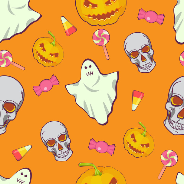 Halloween sem costura crianças brilhantes desenhos animados padrão. Caveira, fantasma, doces e abóbora
. - Vetor, Imagem