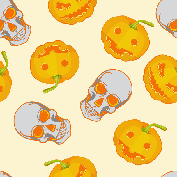 Halloween seamless bright kids cartoon pattern. Skull and pumpkin. - Vektör, Görsel