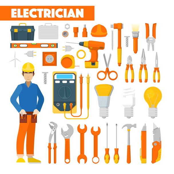 Ikony elektrikáře nastavené pomocí voltmetru a nástrojů. Vektorová ilustrace - Vektor, obrázek