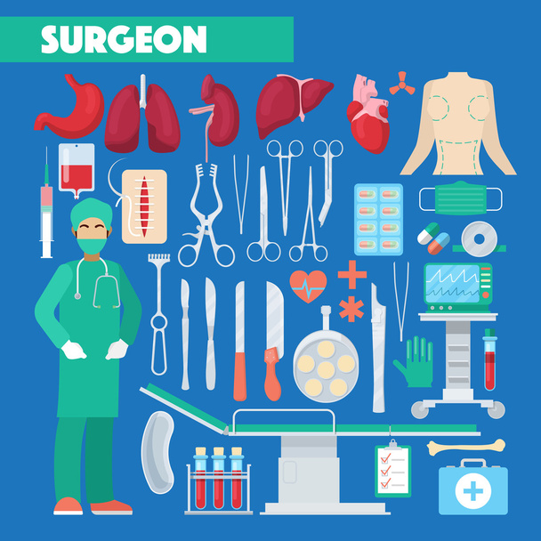 Ammattikirurgin lääketieteelliset työkalut, joissa on anatomia ihmisen elimet. Vektoriesimerkki
 - Vektori, kuva
