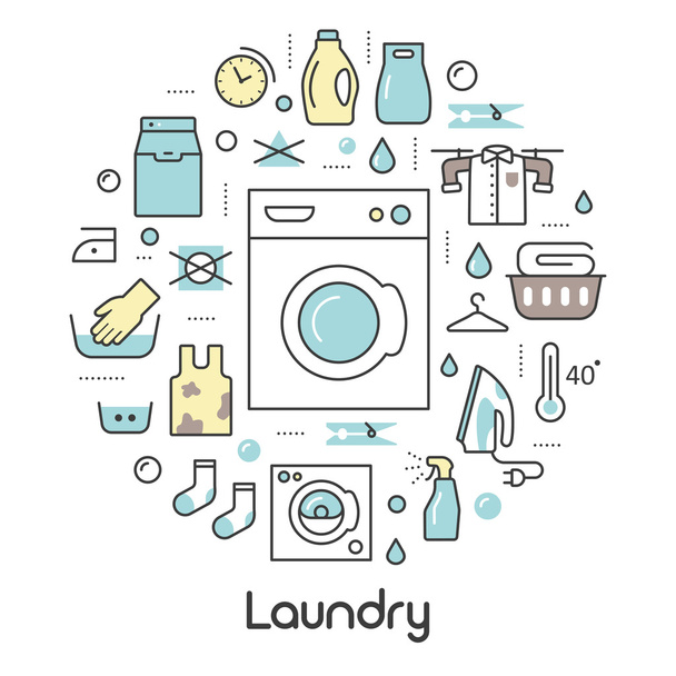 Serviço de lavanderia Ícones de linha fina Set com elementos de lavandaria
 - Vetor, Imagem