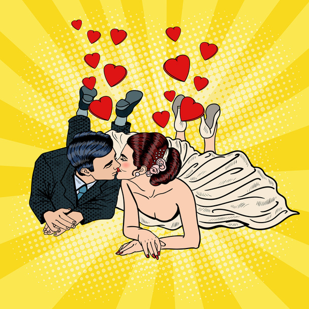 Счастливая свадебная пара целуется. Жених и невеста поп-арта. Векторная иллюстрация
 - Вектор,изображение