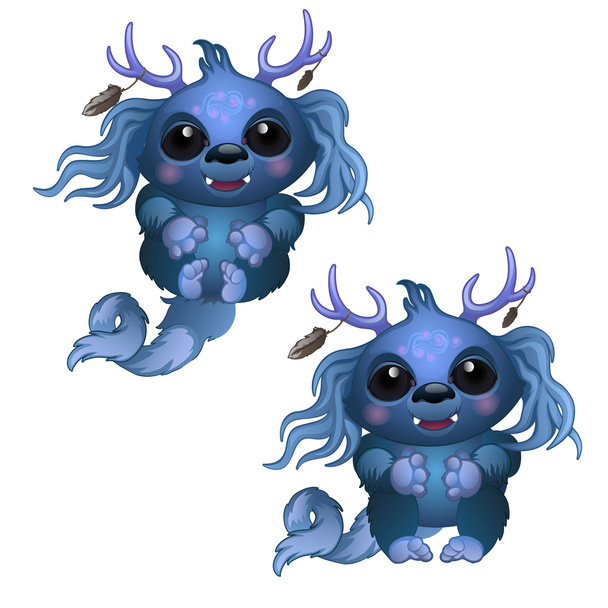 Two smiling blue monster with horns and big eyes - Vektör, Görsel