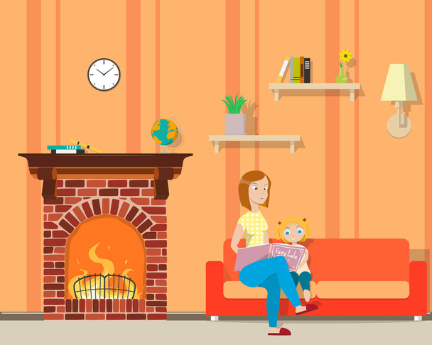 Mother sitting on the couch reading a fairy tale little daughter in the room with fireplace. Vector illustration - Vector, Image