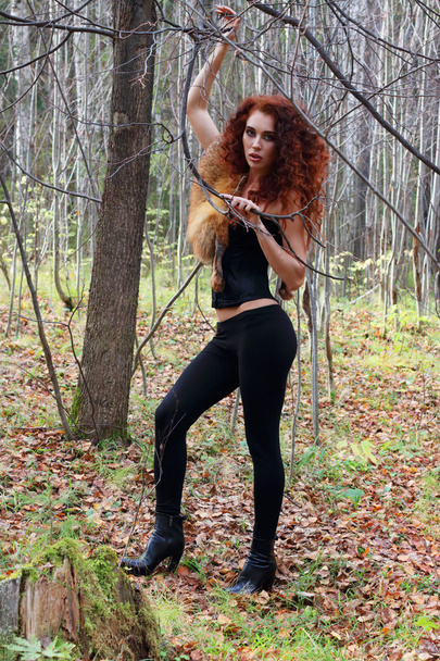 Mujer joven y bonita posa con ramas de árboles en el bosque de otoño
 - Foto, imagen