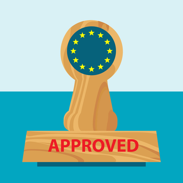 drewniane biura stamper gumy z flagi Unii Europejskiej i tytuł zatwierdzone na niebieskim tle - wektor zdjęcie biznesu - Płaska konstrukcja - Wektor, obraz