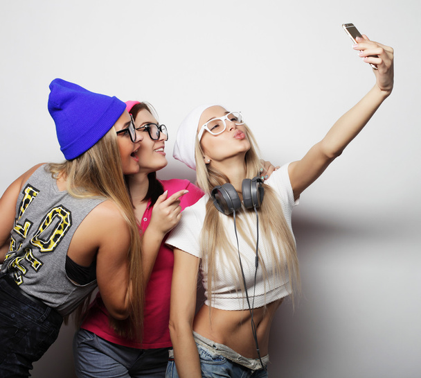 hipster girls best friends taking selfie - Photo, Image