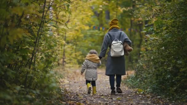 Μητέρα και κόρη το περπάτημα σε ένα πάρκο φθινόπωρο - μαμά, παιδί απομακρύνεται το μικρό κορίτσι - Πλάνα, βίντεο