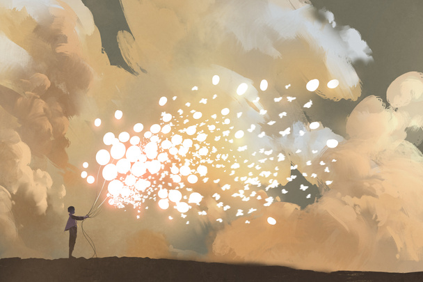 homme libérant des ballons lumineux et des papillons affluent dans le ciel
 - Photo, image