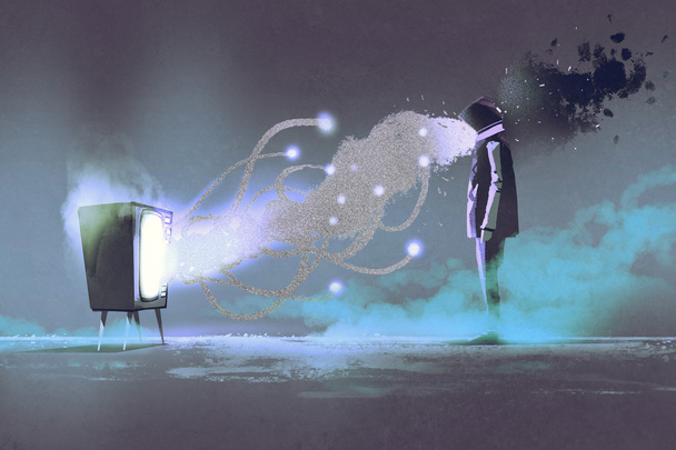 man standing in front of unusual television - Foto, Bild