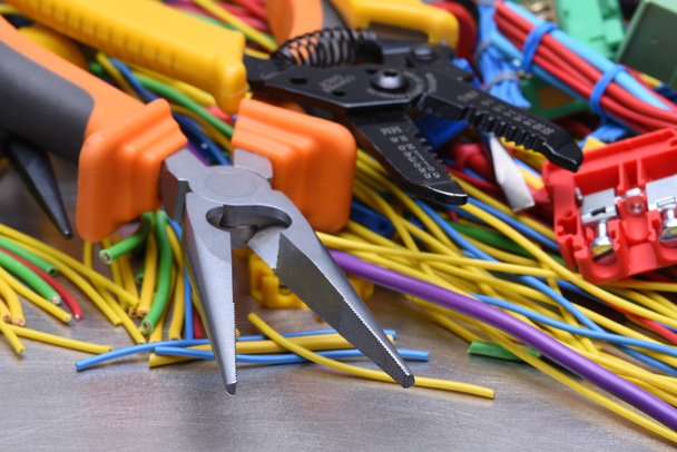 Electrical tools and cables used in electrical installations - Photo, Image