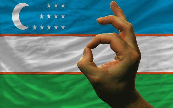 OK gesto před státní vlajka Uzbekistánu - Fotografie, Obrázek