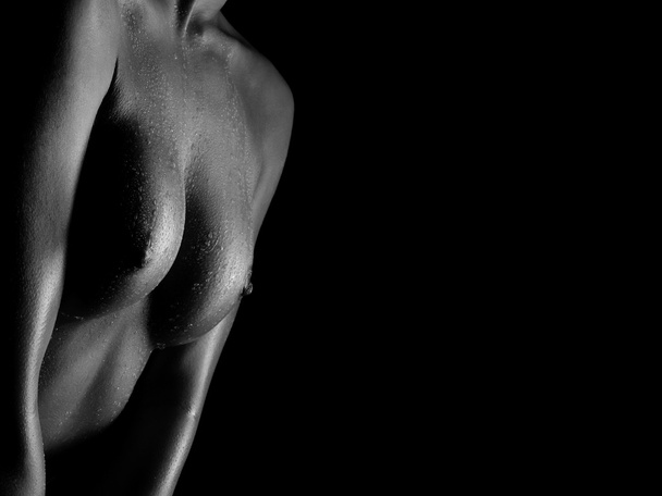 closeup of topless sexy beautiful young woman on dark background - Photo, Image