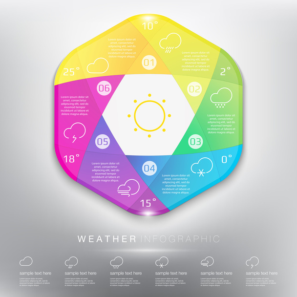 Abstract hexagonal infographic element. Coloured and glossy on the white panel. Weather elements. 6 parts concept. Vector illustration. Eps10 - Vector, Image