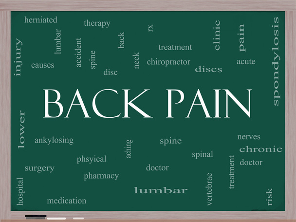 Concepto de nube de palabras de dolor de espalda en una pizarra
 - Foto, Imagen