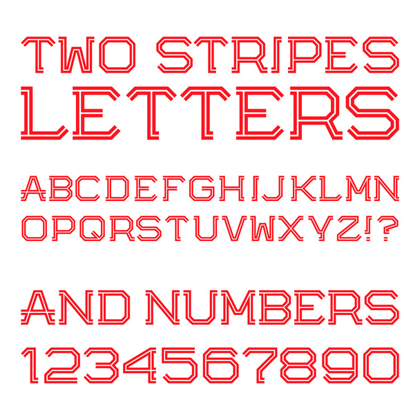 Červené úhlové písmena a čísla ze dvou pruhů. Módní retro písmo. - Vektor, obrázek