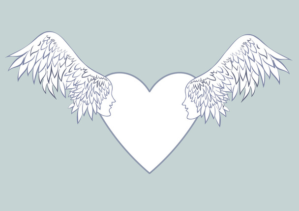ハート型のフレームに人の顔を持つ天使の翼します。淡いブルーの背景。美しい結婚式のカードや空結婚式招待状 - ベクター画像