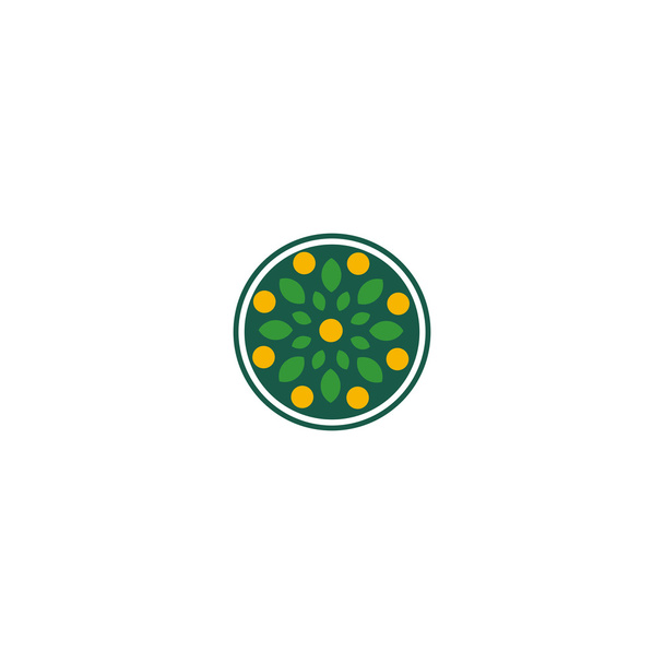 Ізольований логотип абстрактної круглої форми зеленого кольору. Квітковий декоративний логотип. Листя з помаранчевими фруктами. Символ здорових продуктів
. - Вектор, зображення