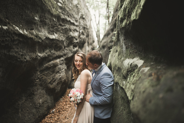Gorgeous wedding couple kissing and hugging in forest with big rocks - Valokuva, kuva
