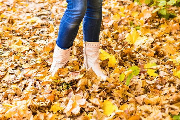 Conceptual image of legs in boots on the autumn leaves. Feet shoes walking in nature. - Photo, Image