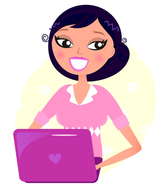 Office woman working with pink Laptop - Vector, afbeelding