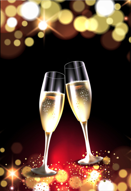 Dos copas de champán contra fondo de luces bokeh - Vector, imagen