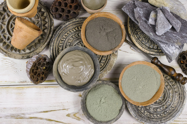 Ancient minerals - black, green, blue clay powder and mud mask fof face and body - Photo, Image