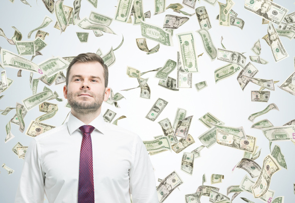 Confident businessman under dollar rain in room - Foto, immagini