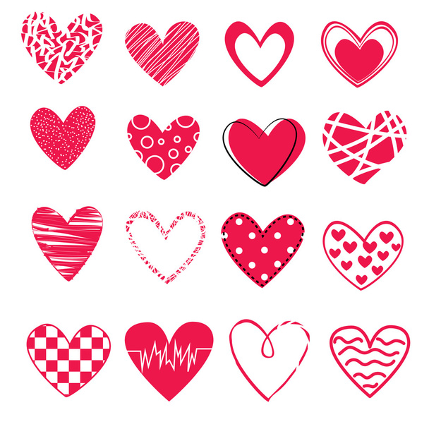 set of 16 different hearts isolated on white background, icons for st. valentines day - Vector, Image